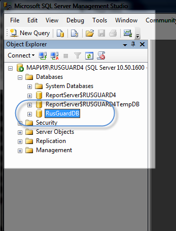 Рисунок 8. Microsoft SQL Server Management Studio. Иерархический список в навигационной панели